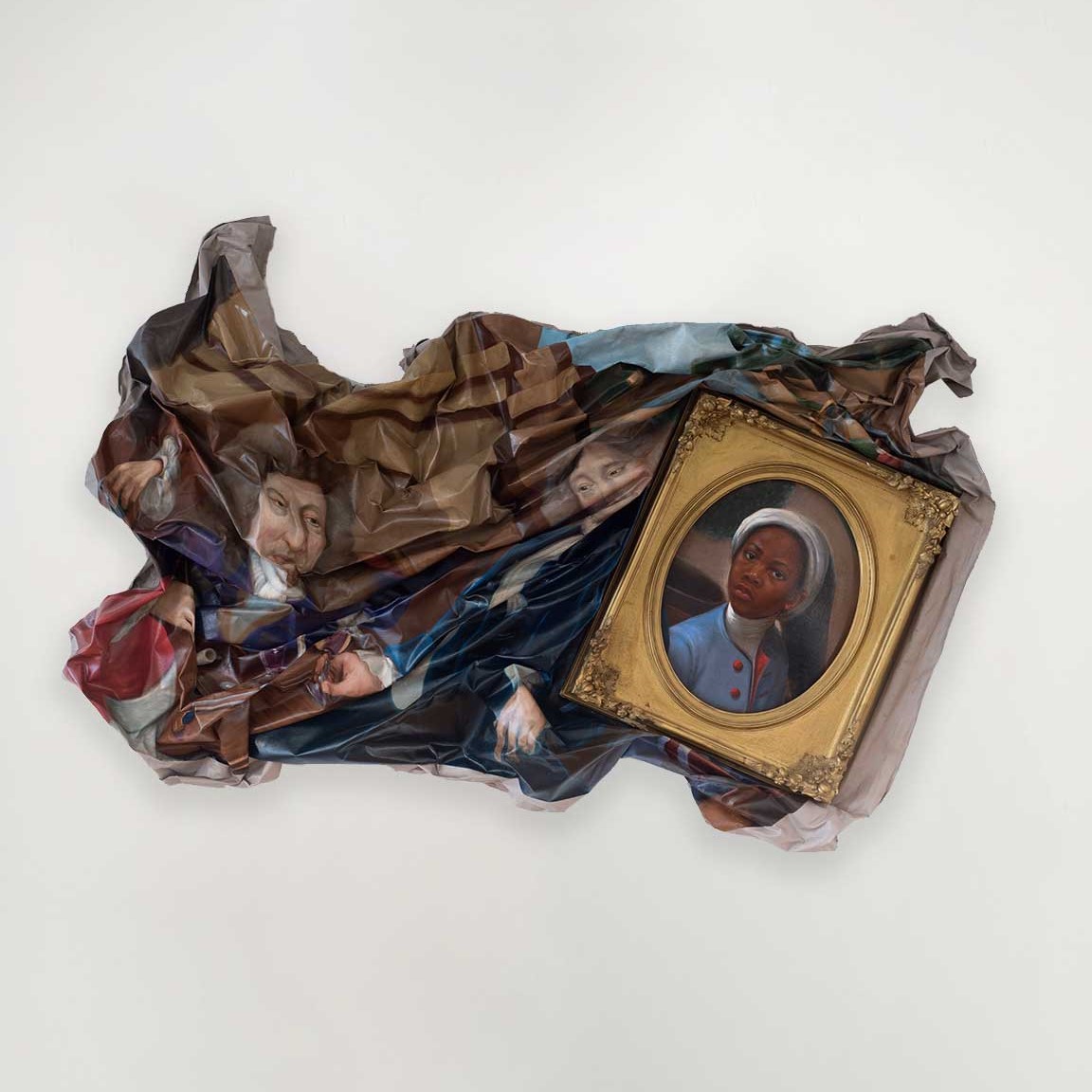 A crumpled-up painting depicting a few 18th century white men, with a canvas framing the not-crumpled image of a young Black child, whose eyes meet the viewer's.