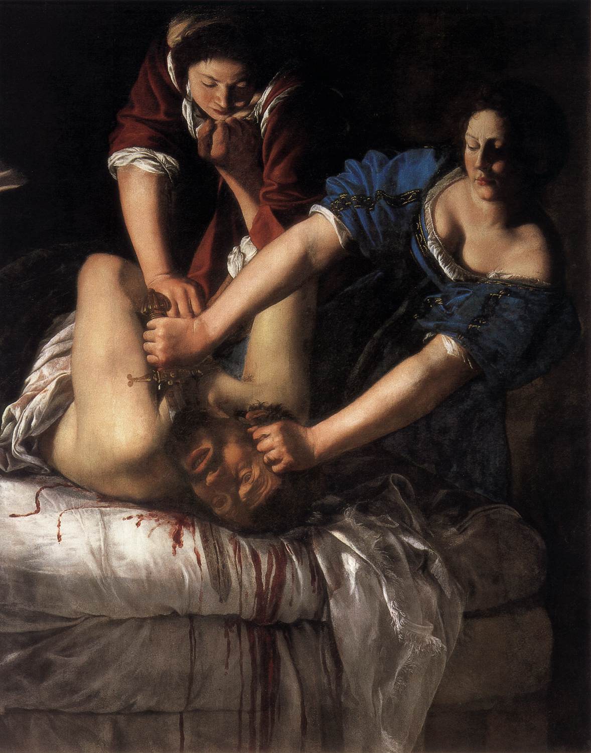 painting with black background of 2 women holding a man down as the woman on the right slices his neck with a dagger. the man, spattering blood on white sheets, grips at or pushes the left woman. the women look concentrated, while the man looks shocked.