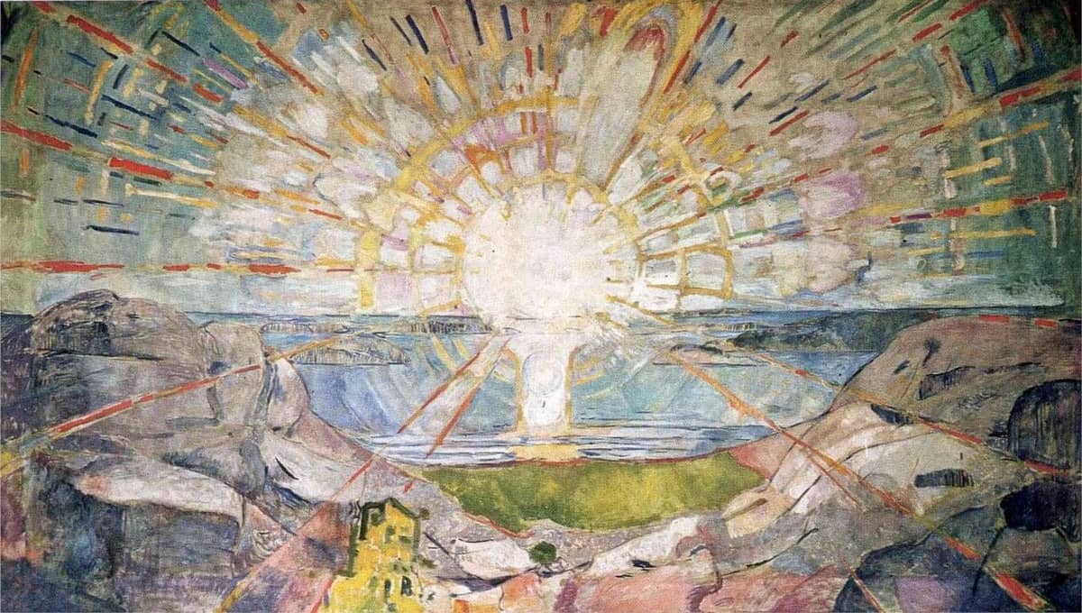 Painting of a sunset or sunrise on a rocky shore. The sun beams spread across the painting in orange & yellow lines, with some blue streaks; the corners are more shadowy.